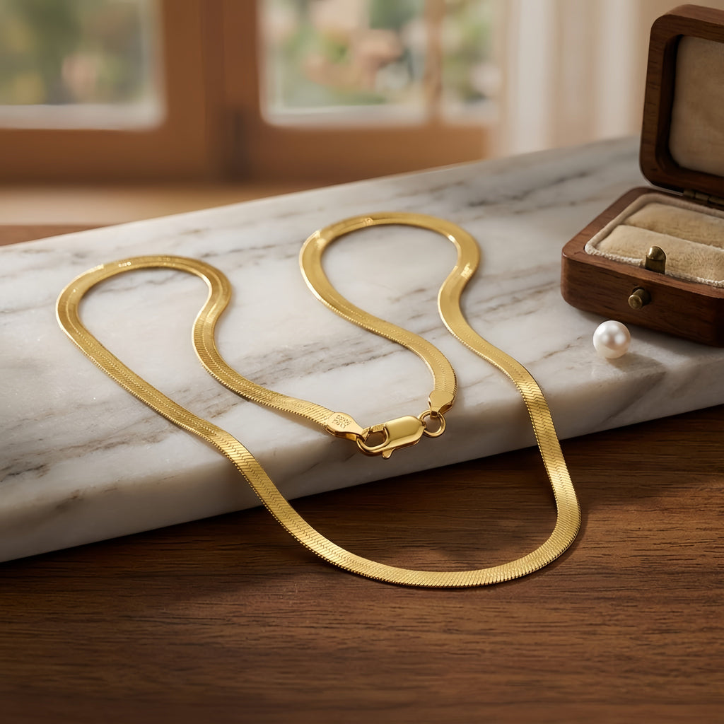 925 Sterling Silver Elegant Gold Herringbone Chain Necklace