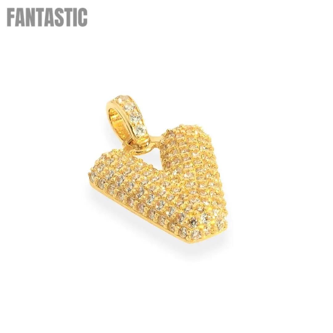 Bubble Letters "V" Pendant with 14K Gold Cz