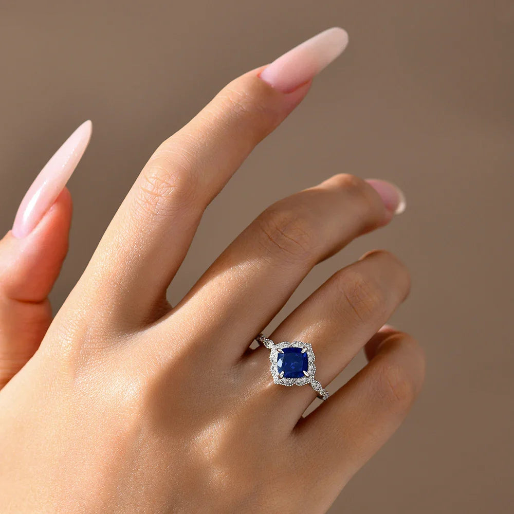 MINTYBOX S925 Silver 2.0ct Cushion Sapphire Engagement Rings for Women Lab Gemstone Halo Ring Wedding Fine Jewelry Bride's gift