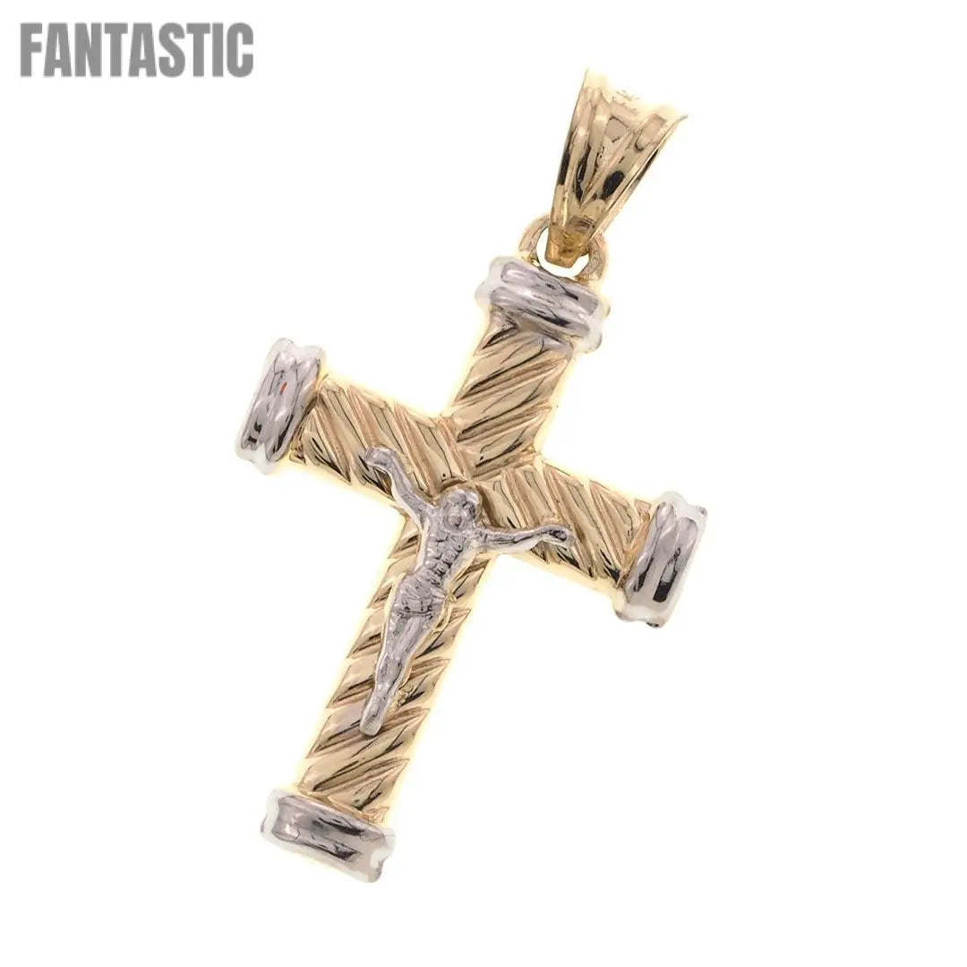 Two Tone Twisted Cross Jesus Christ crucifixion Pendant in Gold 10K
