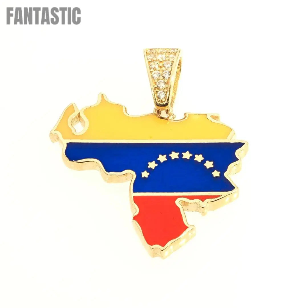 Venezuela Map-Flag Pendant | 14K Gold With Cz