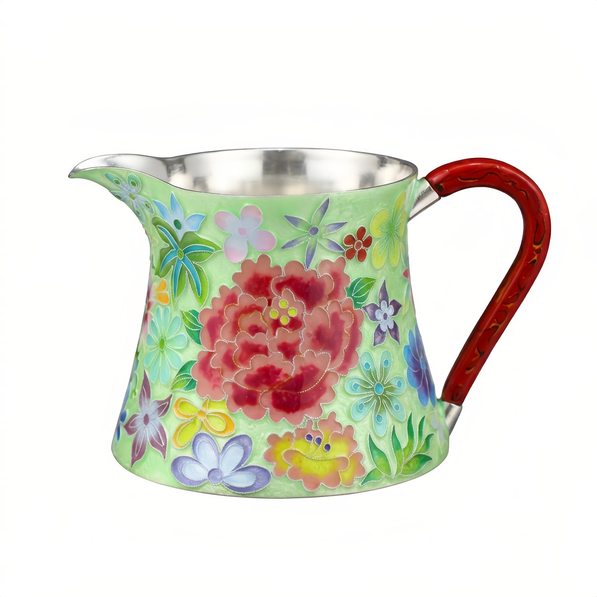 Pure 999 Fine Silver Elegant Hand-Painted Enamel Floral Pitcher with Red Sculpted Handle - Handicraft