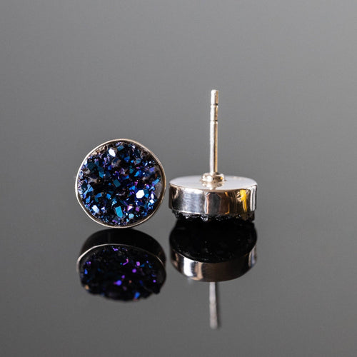 Blue Druzy Round Stud Earrings Sterling Silver Posts