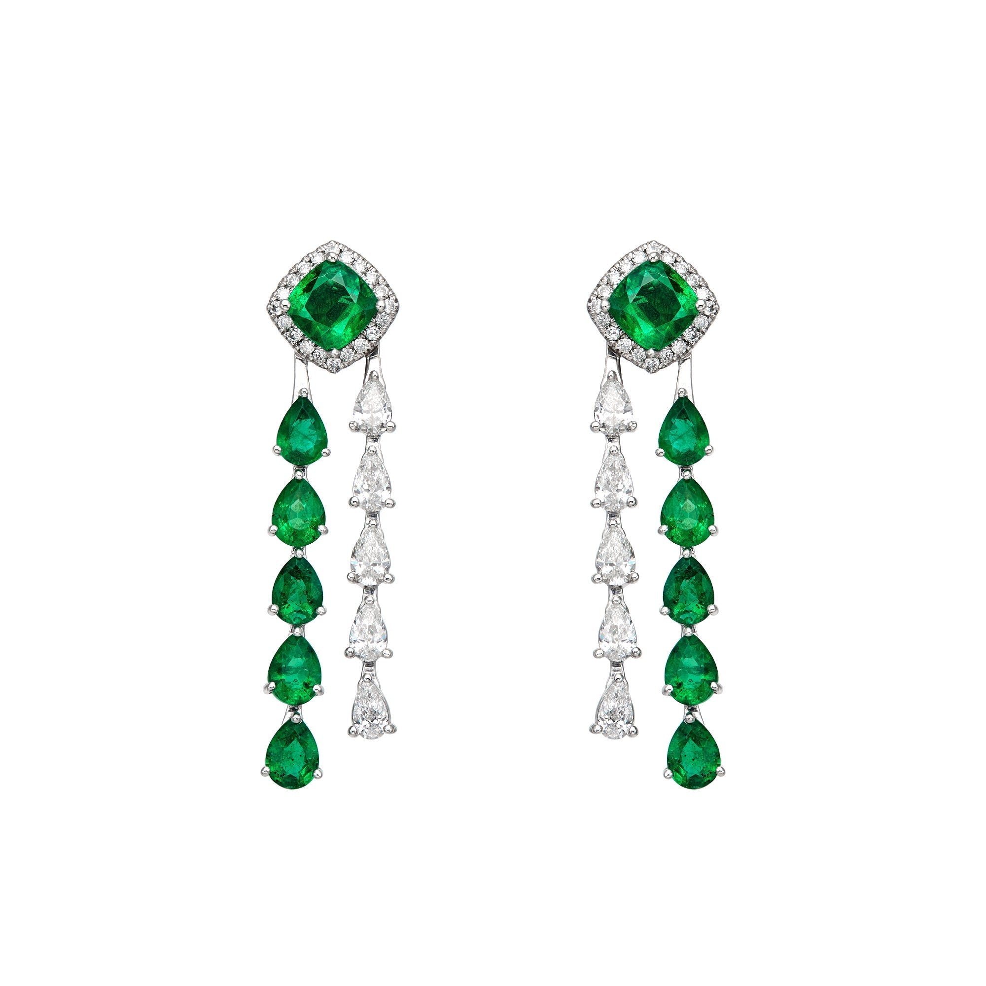 Diamond & Emerald Cushion Raining Drop Earrings